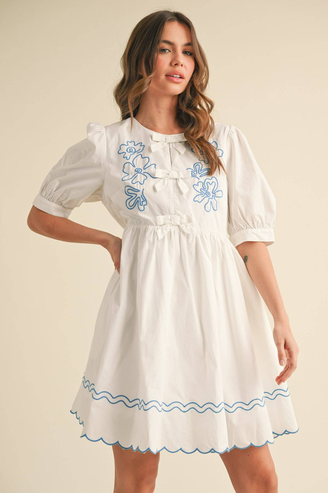 EMBROIDERY BOW MINI DRESS