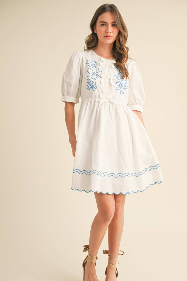 EMBROIDERY BOW MINI DRESS