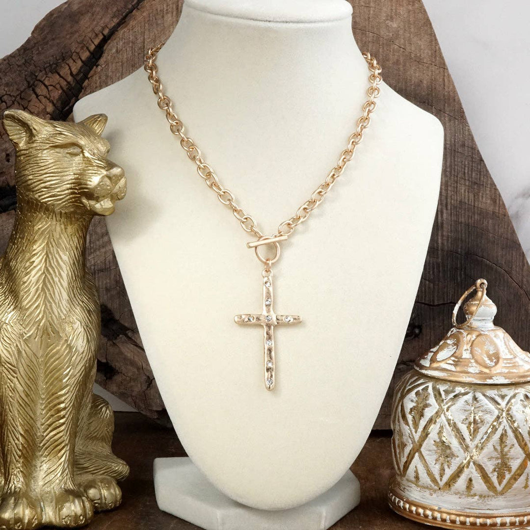 Hammered Cross Front Toggle Necklace