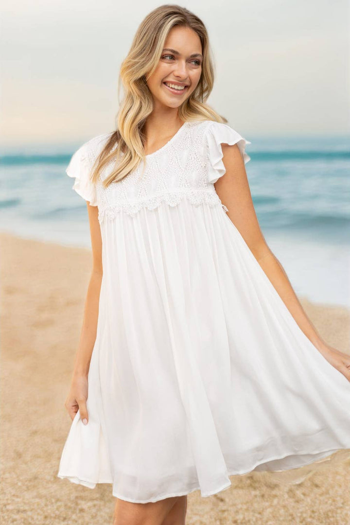 Scallop Laced Ruffle Sleeve Dress