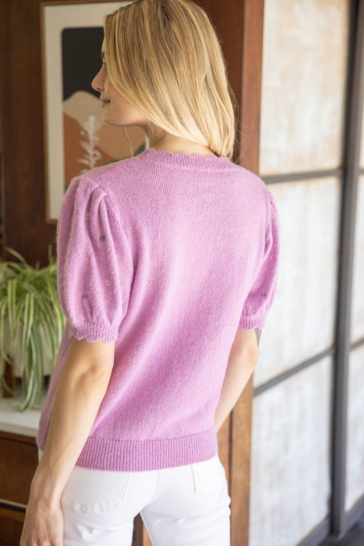 Lavender Floral Embroidered Short Sleeve  Sweater