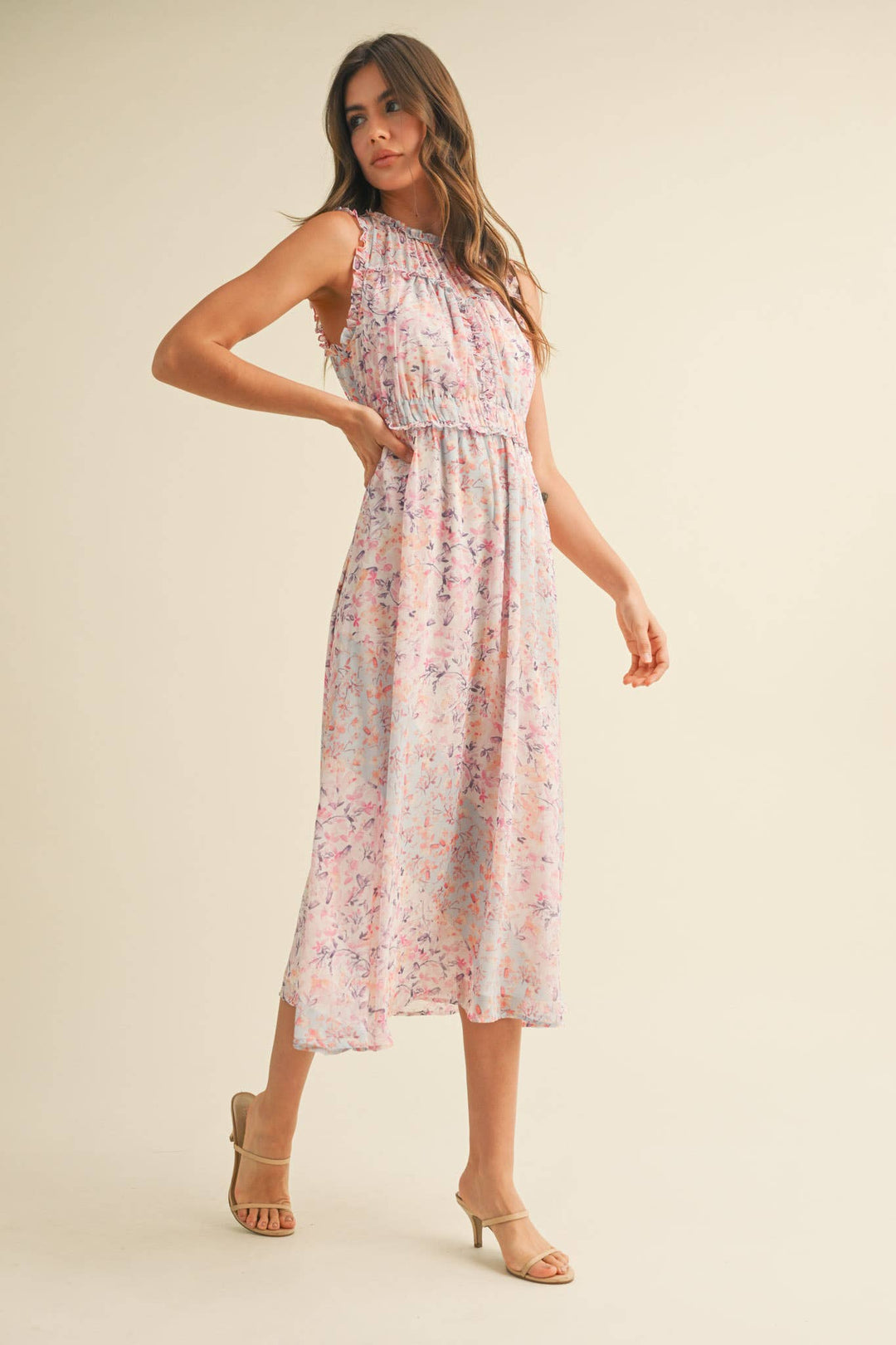 FLORAL PRINT RUFFLE MIDI DRESS