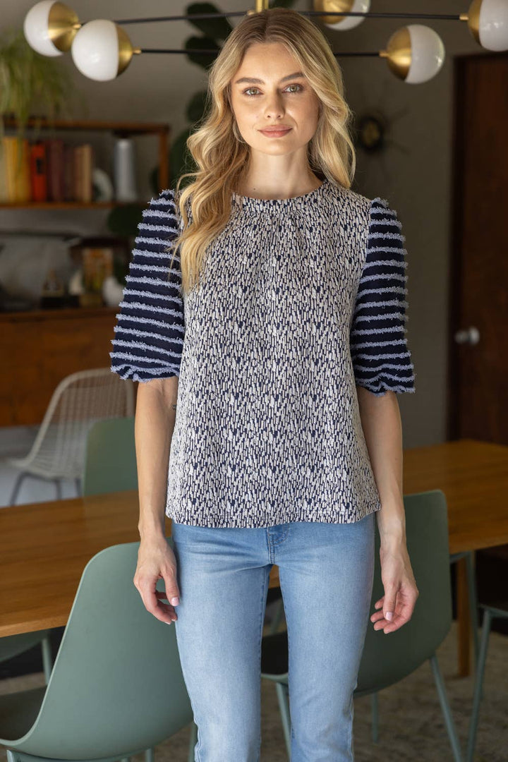 Mixed Pattern Fuzzy Sleeve Top