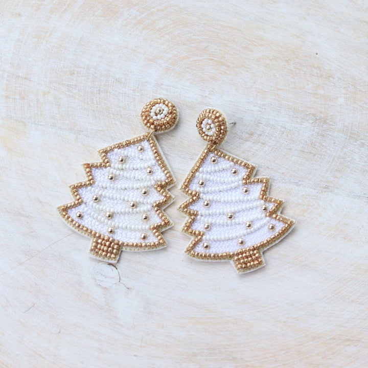 Beaded White Christmas Tree Earrings