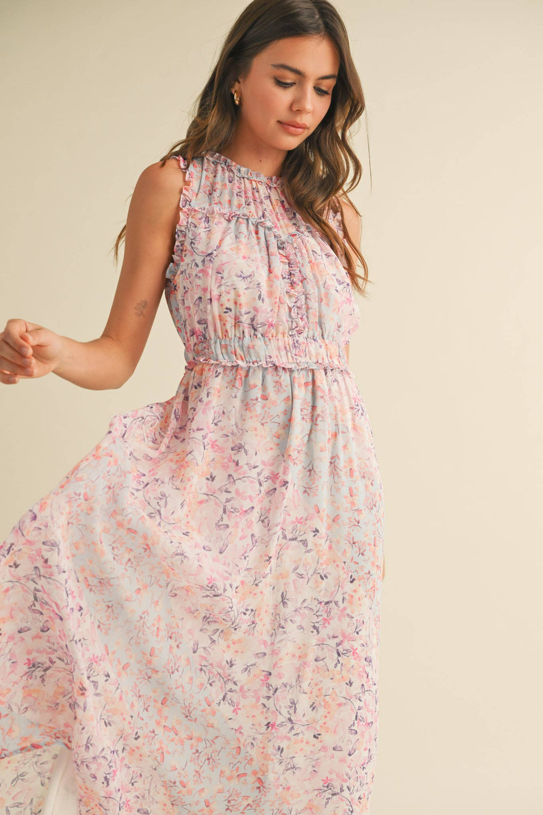 FLORAL PRINT RUFFLE MIDI DRESS