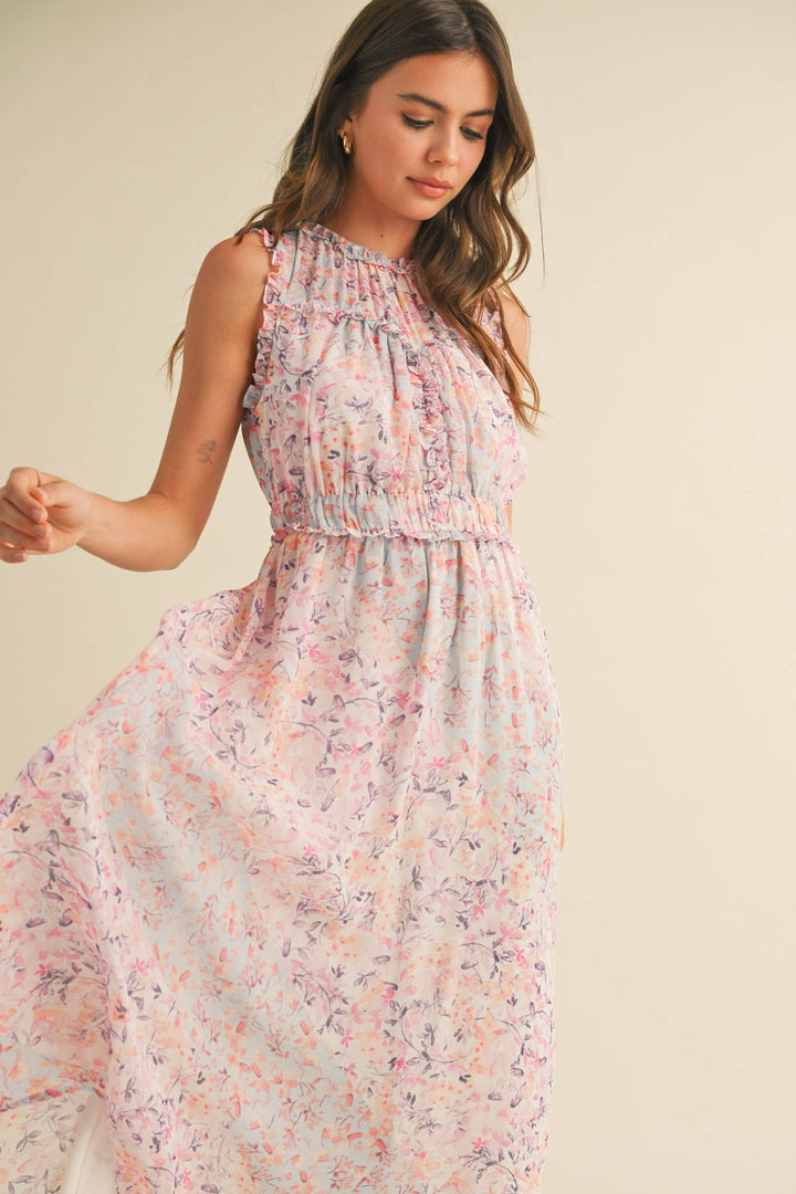 FLORAL PRINT RUFFLE MIDI DRESS