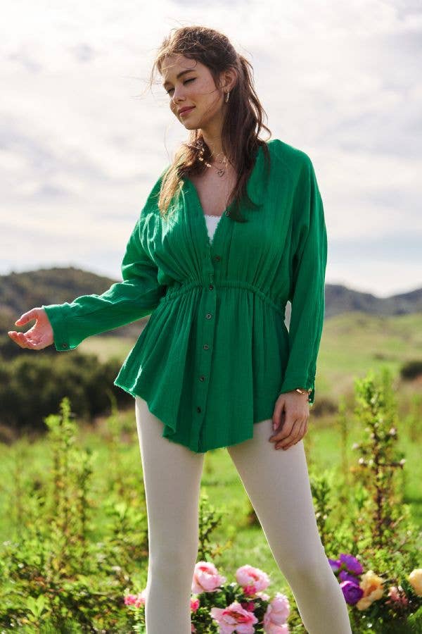 Tie Front Long Sleeve Button Down-Green