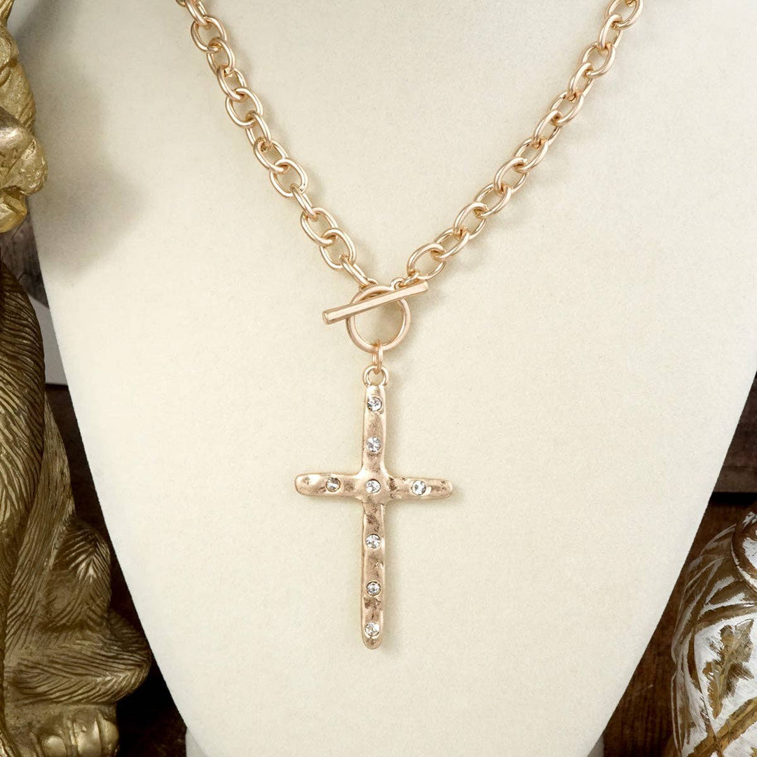 Hammered Cross Front Toggle Necklace