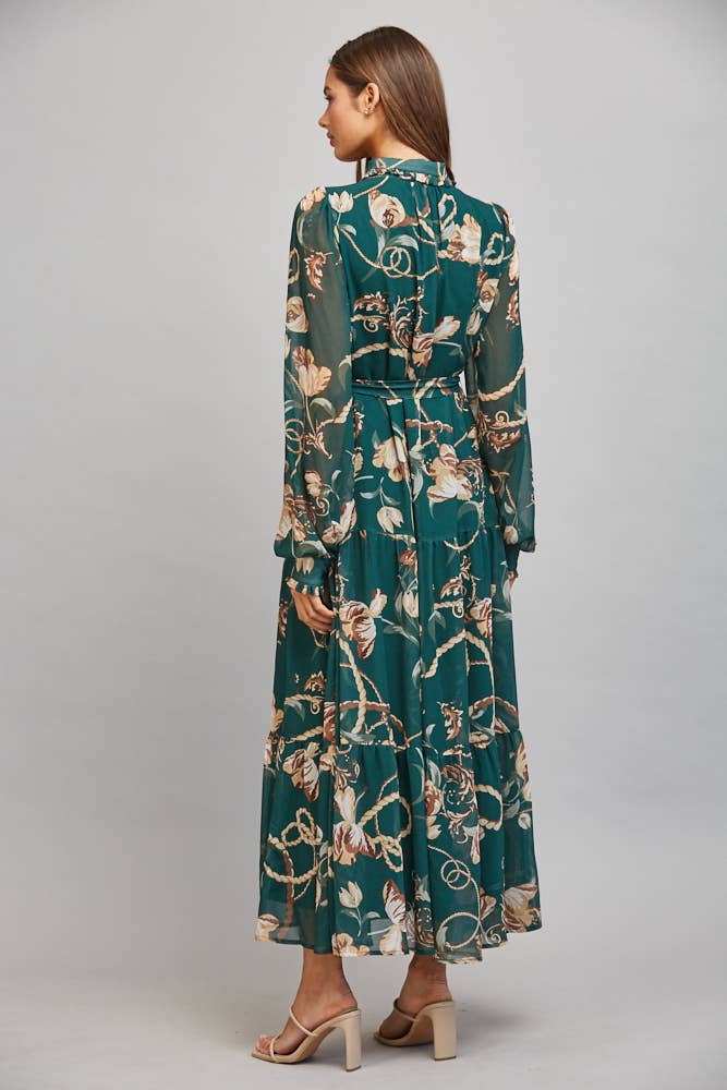FLORAL/CHAIN PRINT CHIFFON SELF WAIST TIE BUTTON DOWN DRESS