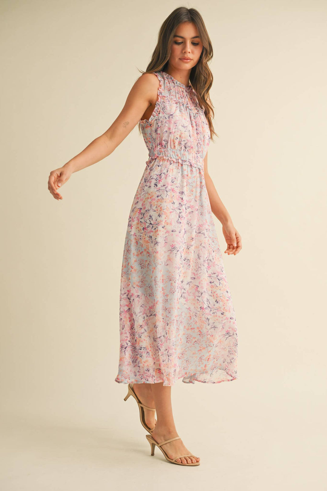 FLORAL PRINT RUFFLE MIDI DRESS