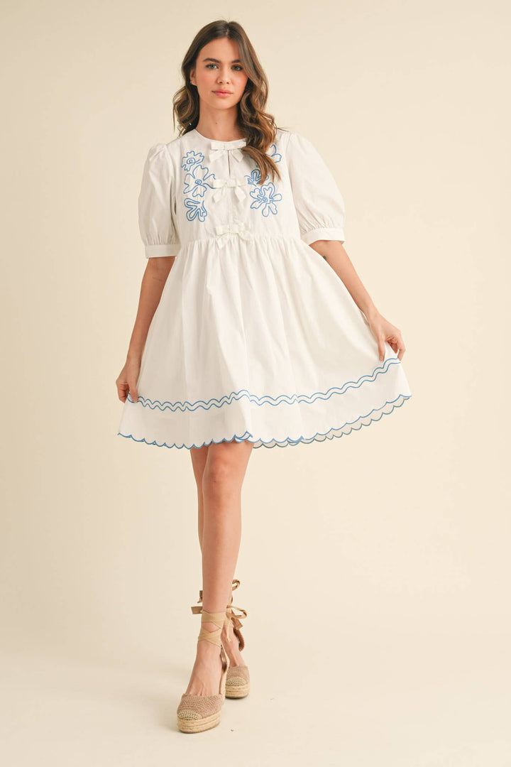 EMBROIDERY BOW MINI DRESS