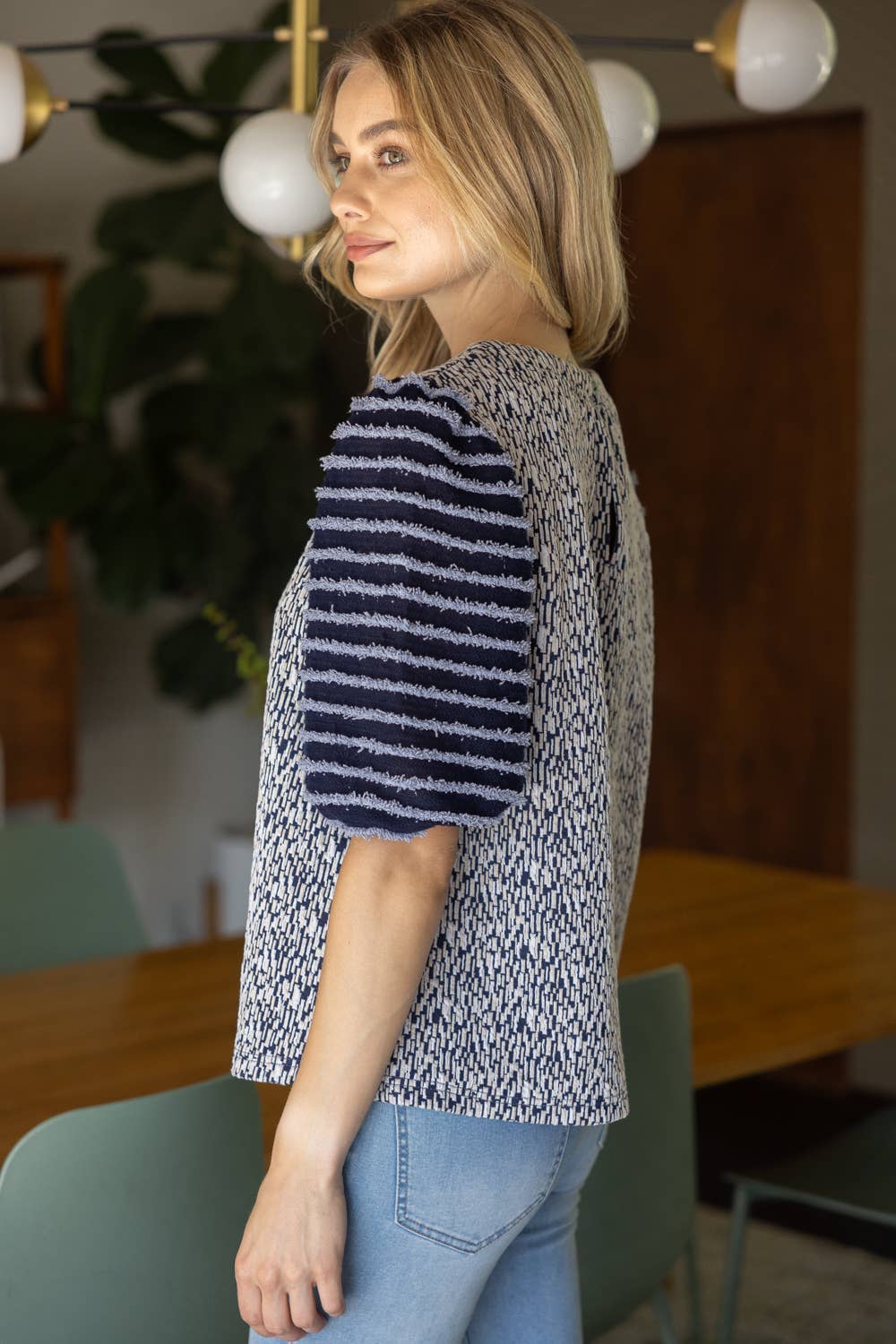 Mixed Pattern Fuzzy Sleeve Top