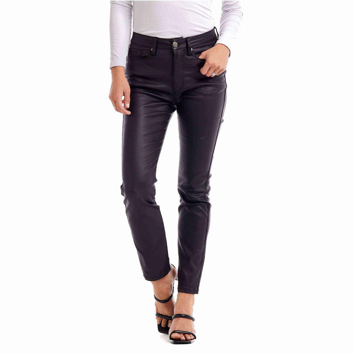 Coated Black Denim Slim Pants