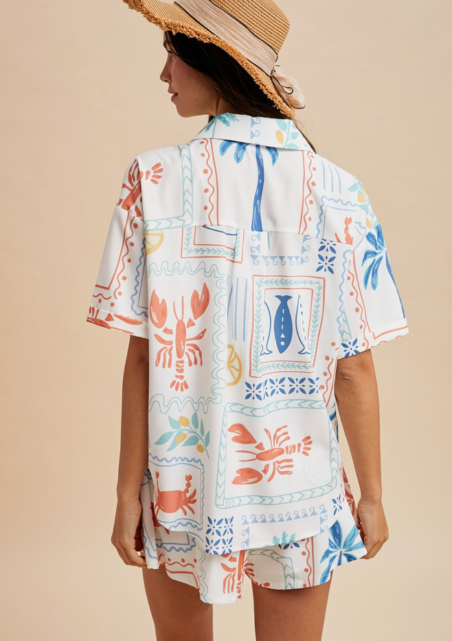Tropical Print Loose Fit Shirt & Flare Shorts Set