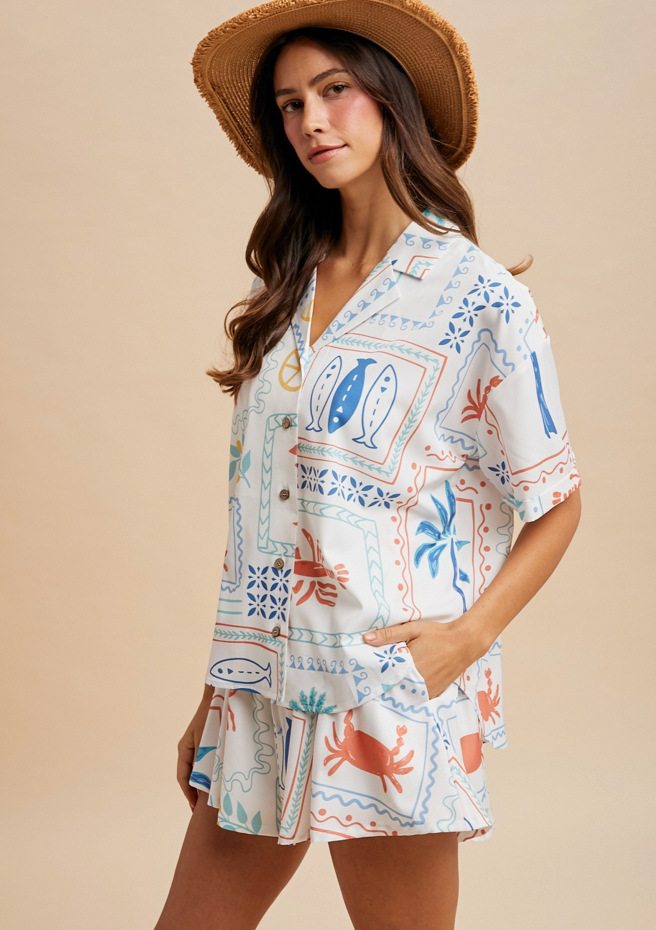Tropical Print Loose Fit Shirt & Flare Shorts Set