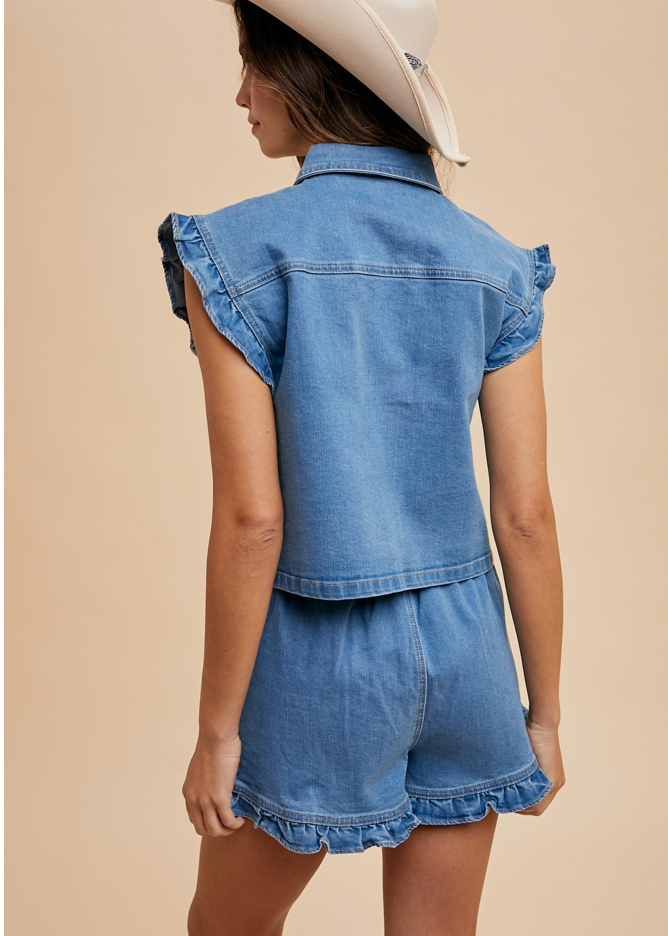 Denim Ruffle Vest & Shorts Set