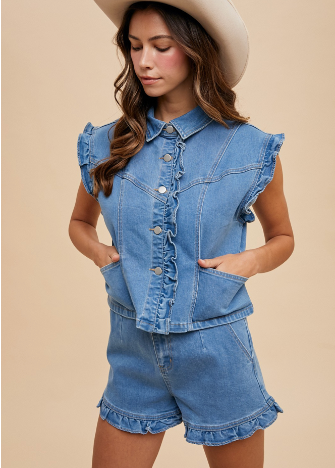 Denim Ruffle Vest & Shorts Set