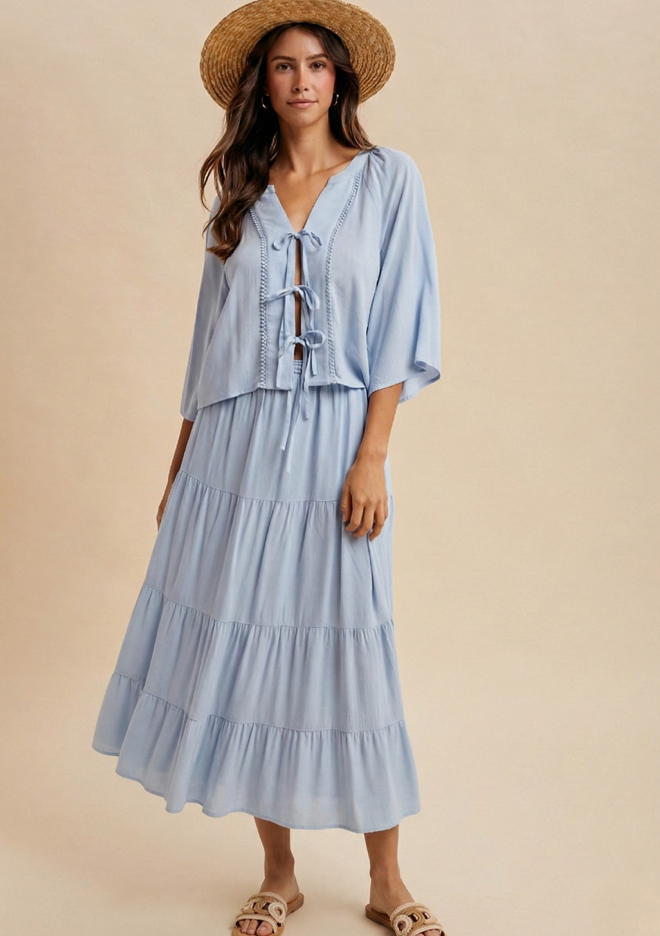 Tie Front Blouse & Miditiered Skirt Set