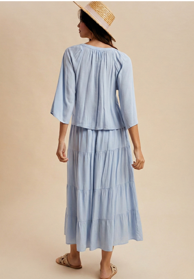 Tie Front Blouse & Miditiered Skirt Set