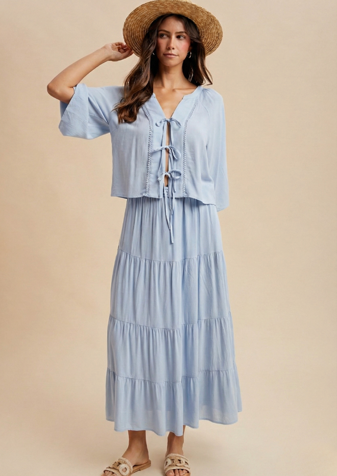 Tie Front Blouse & Miditiered Skirt Set