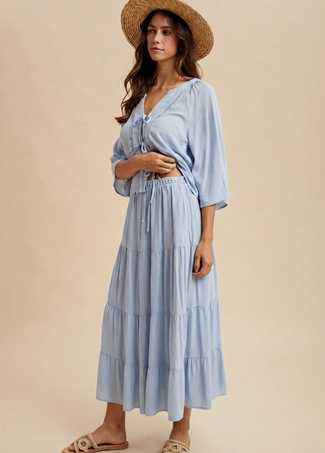 Tie Front Blouse & Miditiered Skirt Set