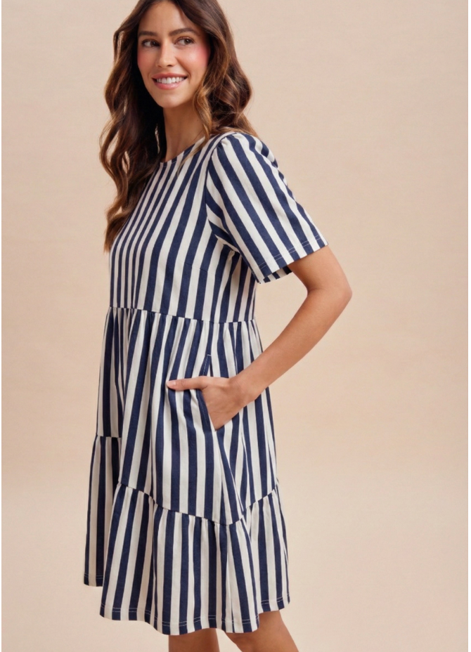 Striped Denim Asymmetrical Tiered Dress