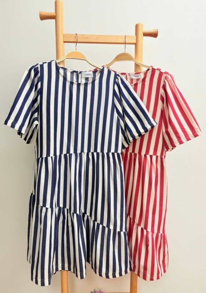 Striped Denim Asymmetrical Tiered Dress
