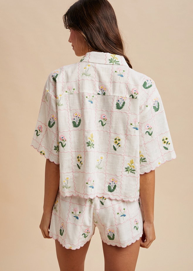 Flower Embroidery Boxy Shirt & Shorts Set