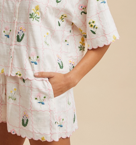 Flower Embroidery Boxy Shirt & Shorts Set