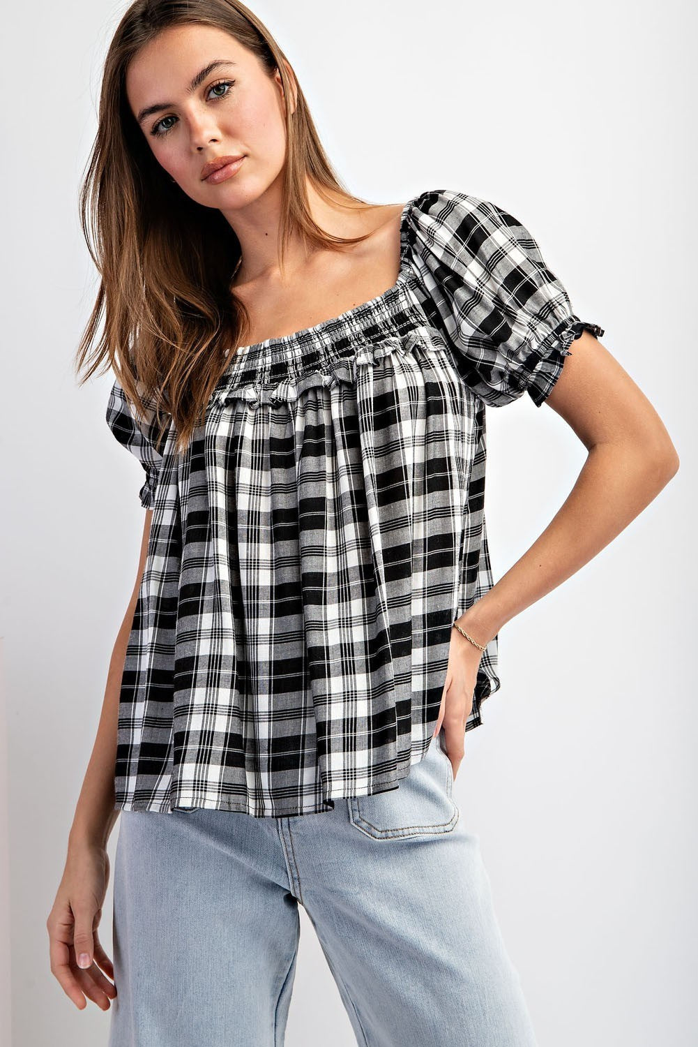 Black Plaid Short Sleeve Top