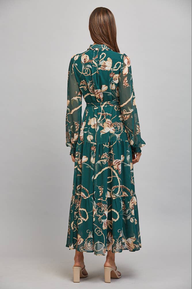 FLORAL/CHAIN PRINT CHIFFON SELF WAIST TIE BUTTON DOWN DRESS