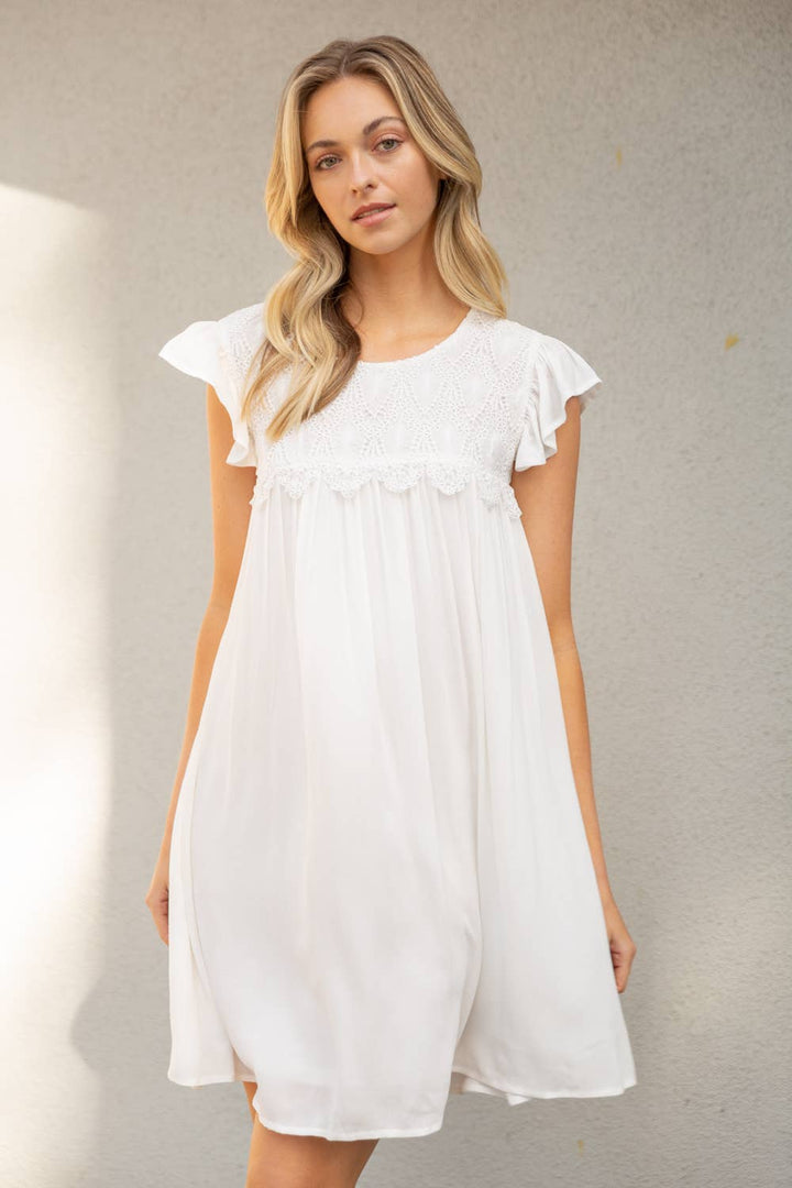 Scallop Laced Ruffle Sleeve Dress