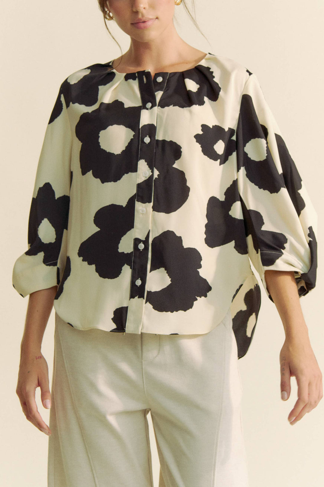 Cream and Black Floral Blouse