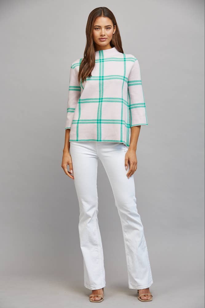 PLAID PATTERN MOCK NECK SWEATER