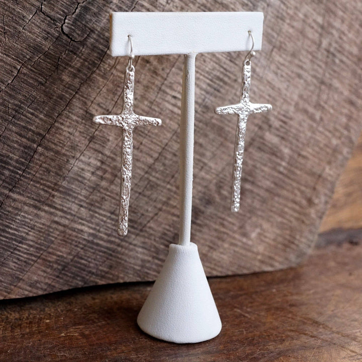 Primitive Cross Earrings Dangle Drop Silver
