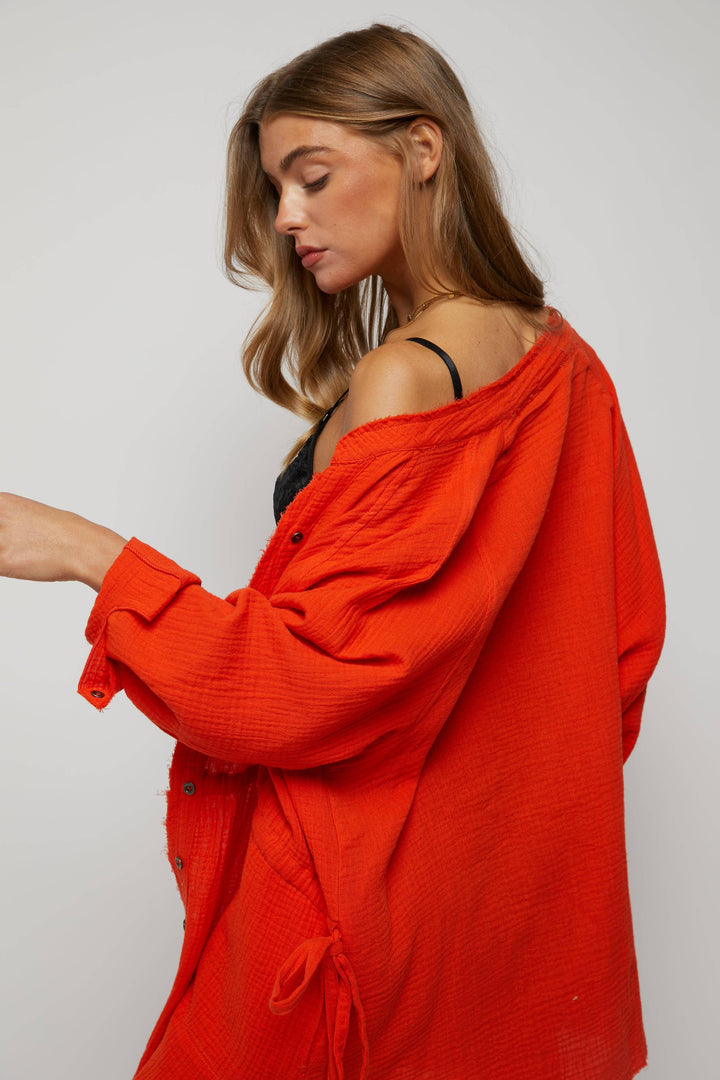 Tie Front Long Sleeve Button Down Orange