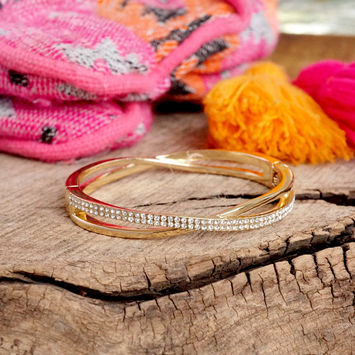 Crossover Hinge Bangle in Gold Tone with Crystals