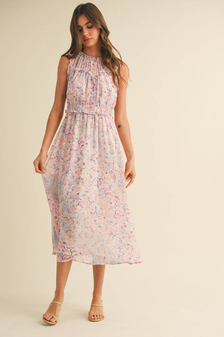 FLORAL PRINT RUFFLE MIDI DRESS