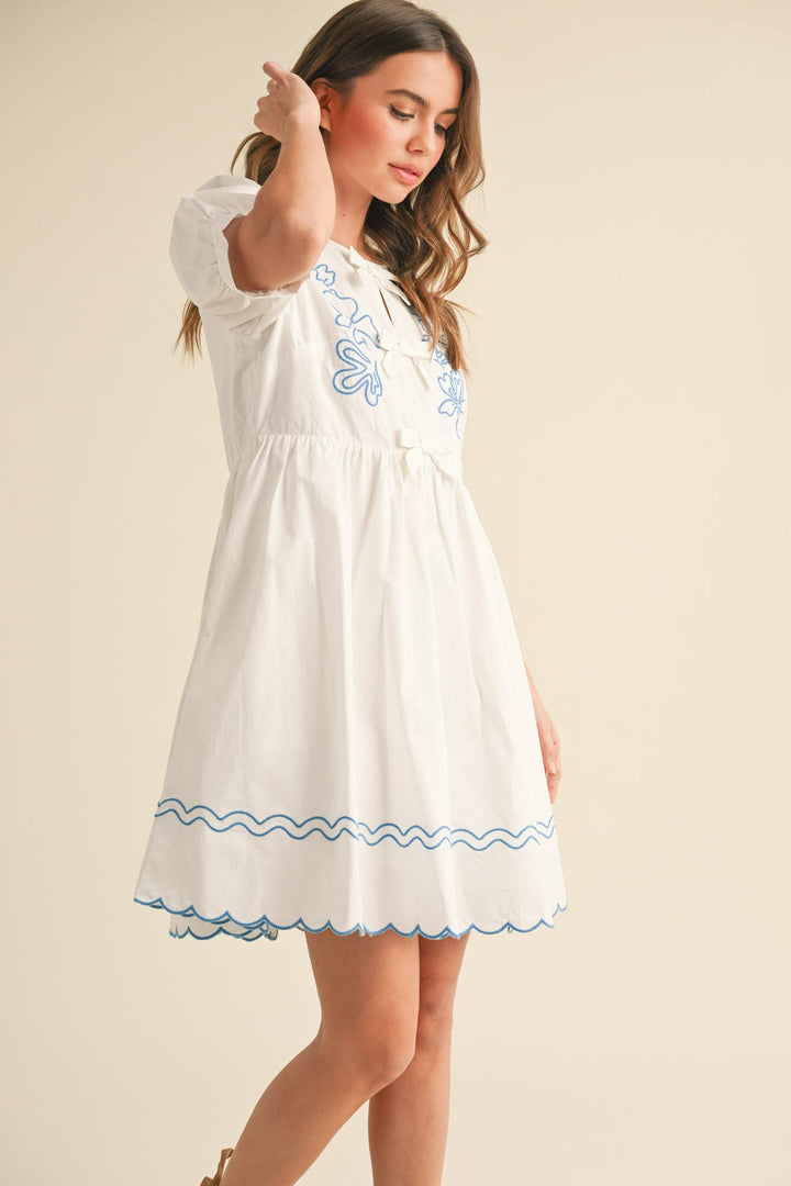 EMBROIDERY BOW MINI DRESS