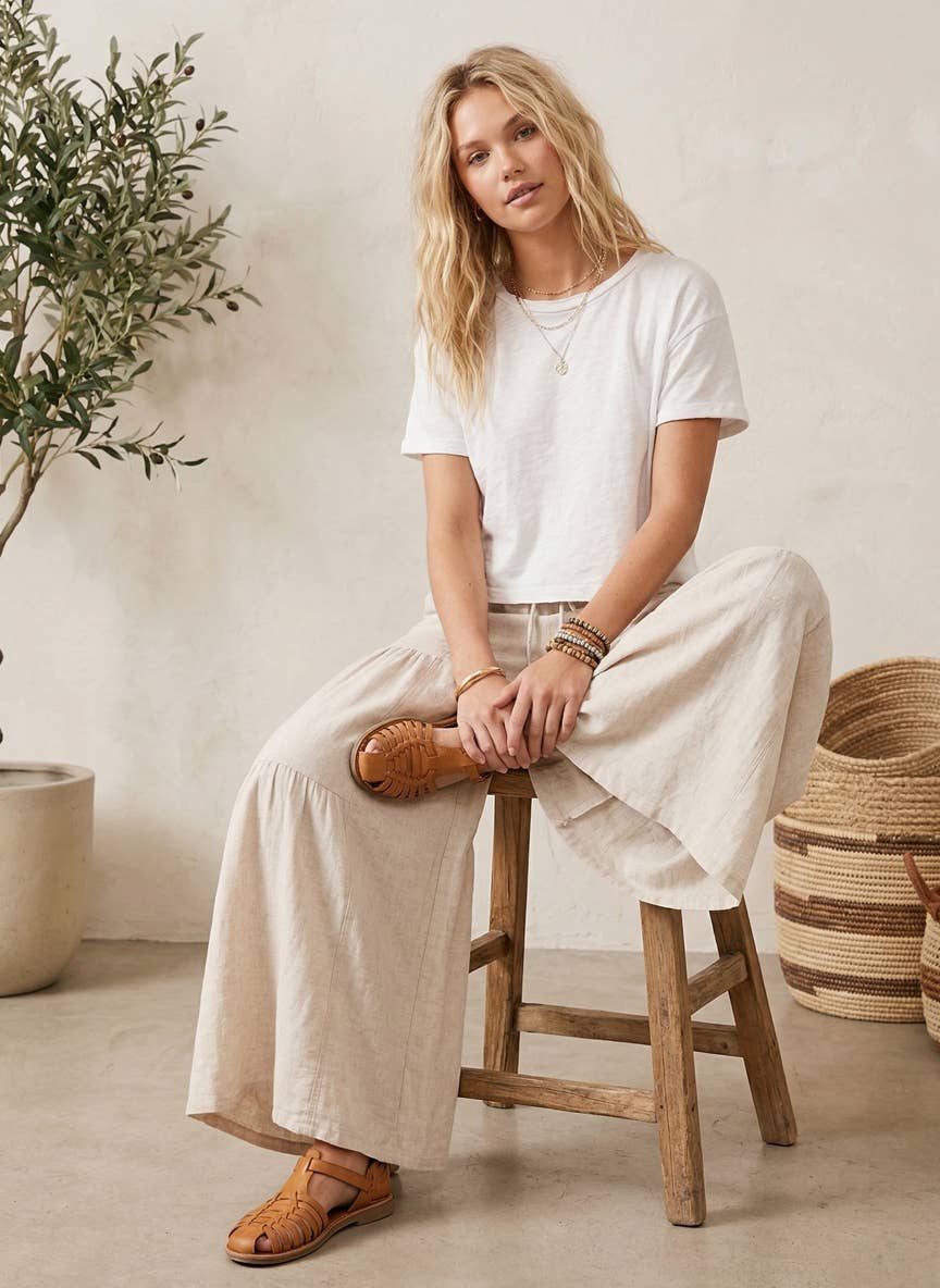 Linen Blend Tiered Pants