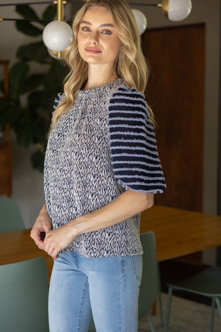 Mixed Pattern Fuzzy Sleeve Top