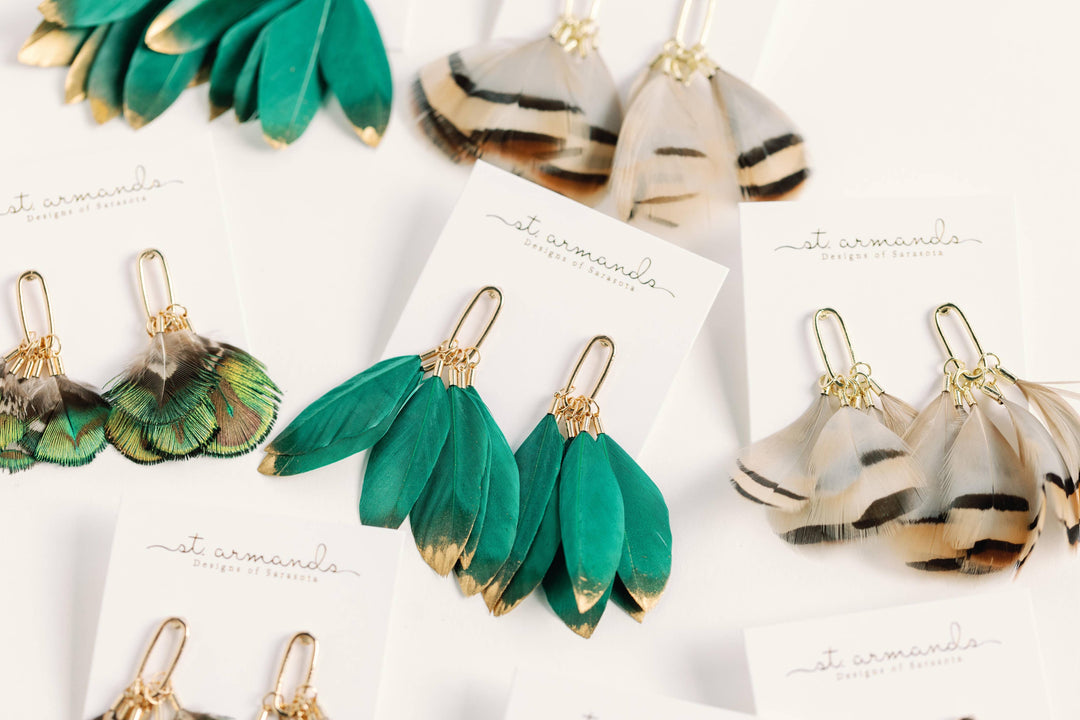 Emerald/Gold Feather Earrings