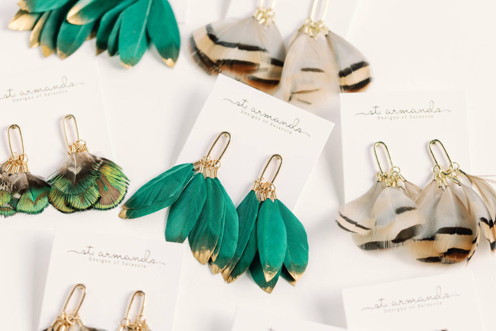 Emerald/Gold Feather Earrings