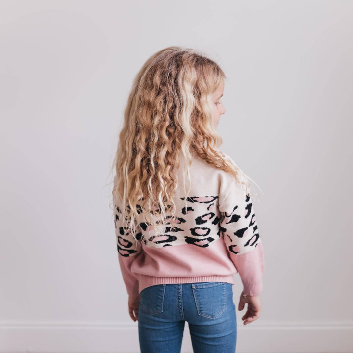 Girls Pink Cream Leopard Sweater