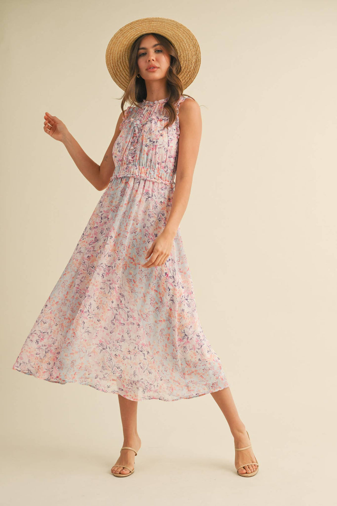 FLORAL PRINT RUFFLE MIDI DRESS