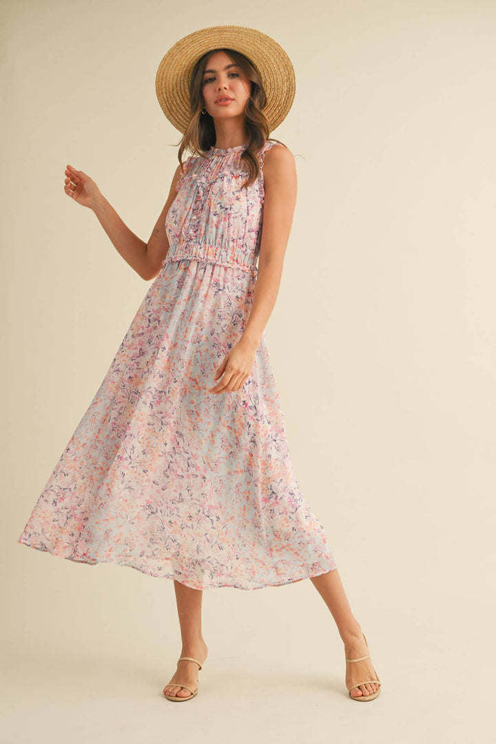 FLORAL PRINT RUFFLE MIDI DRESS