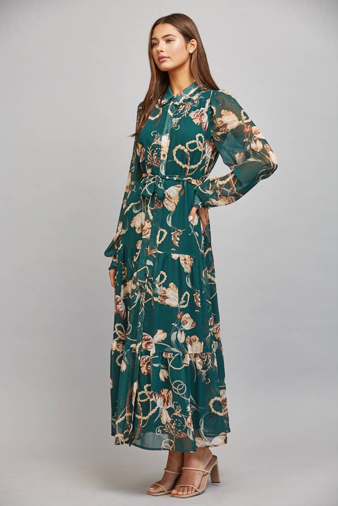 FLORAL/CHAIN PRINT CHIFFON SELF WAIST TIE BUTTON DOWN DRESS