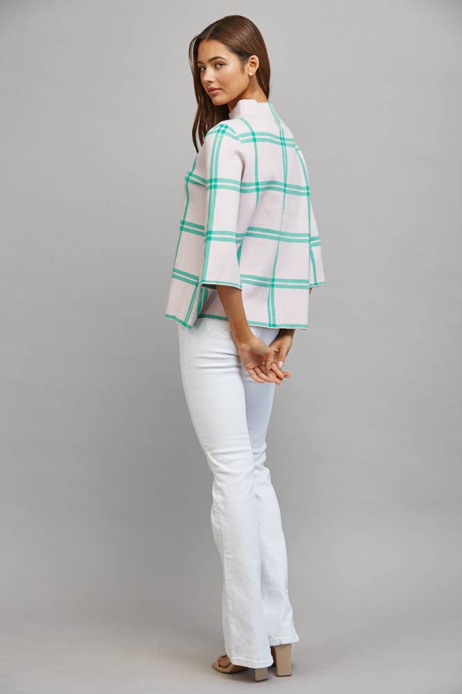PLAID PATTERN MOCK NECK SWEATER