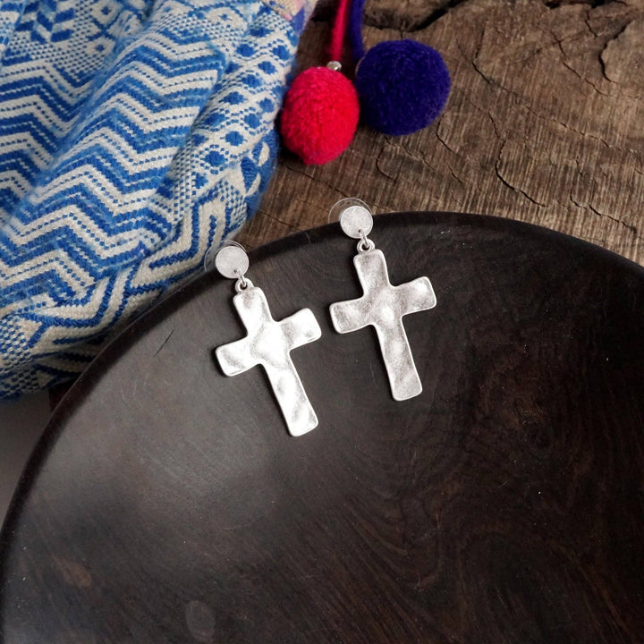 Cross Hammered Distressed Drop Earrings