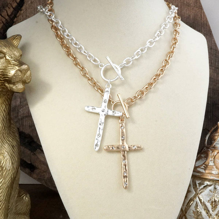 Hammered Cross Front Toggle Necklace